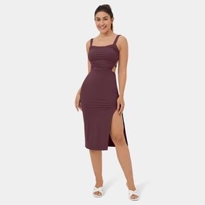 Ruched Split Backless Crisscross Lace Up Bodycon Midi Casual Dress fig color
